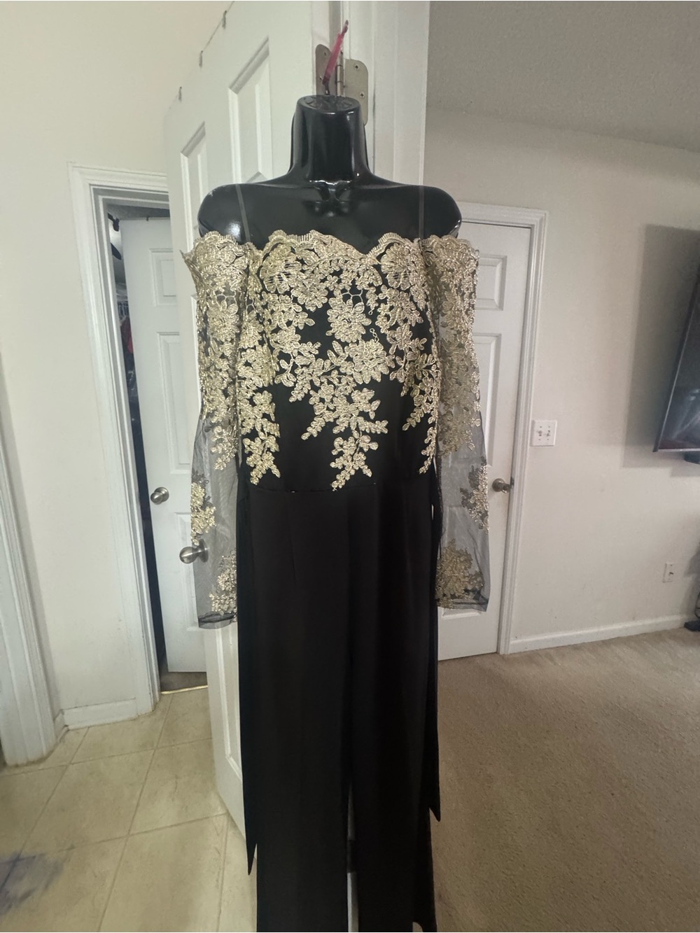 Off-Shoulder Black Wide-Leg Jumpsuit with Gold Lace Embroidery